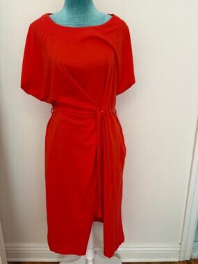 Cotélac Red Draped Asymmetrical Belted Jersey Midi Dress Parisian Avant Garde